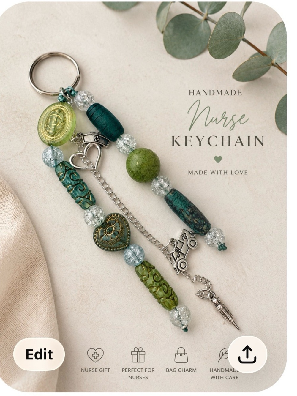 Handmade Silver  Green &
White Handmade Nurse Keychain with Medical Charms